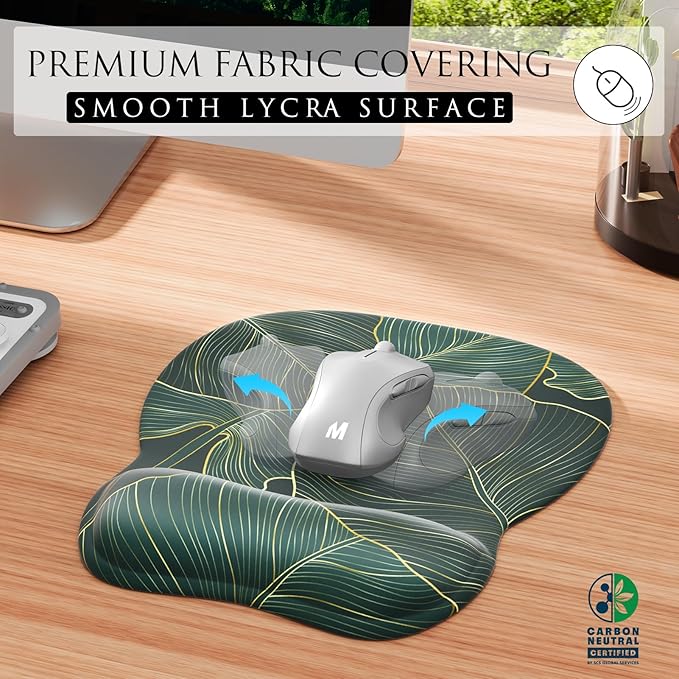 MROCO Ergonomic Mouse Pad with Gel Wrist Rest, Smooth Wrist Support Surface, Non-Slip PU Base for Pain Relief, Comfortable Mousepad for Computer, Laptop, Office & Home, 9.4 x 8.1 in, Green Leaves