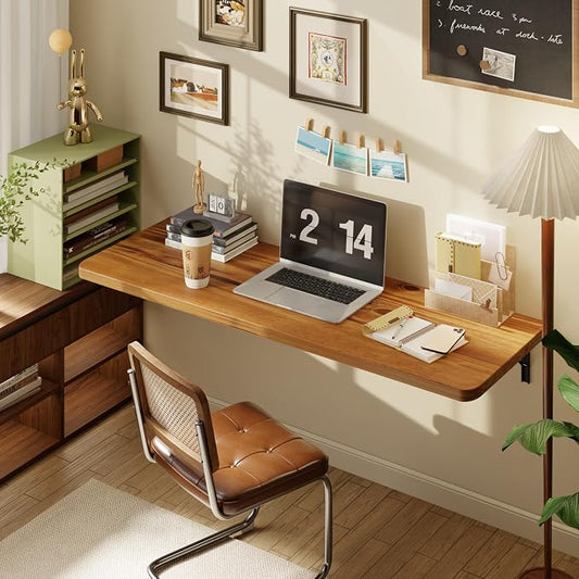 Dogsky Floating Wall Desk, 48" x 16" Wall Mounted Folding Table, Pine Wood Fold Down Wall Table, 300 lb Capacity Wall Mount Desk for Small Apartment, Laundry Room,Kitchen,Bar & Computer,Burning Yellow