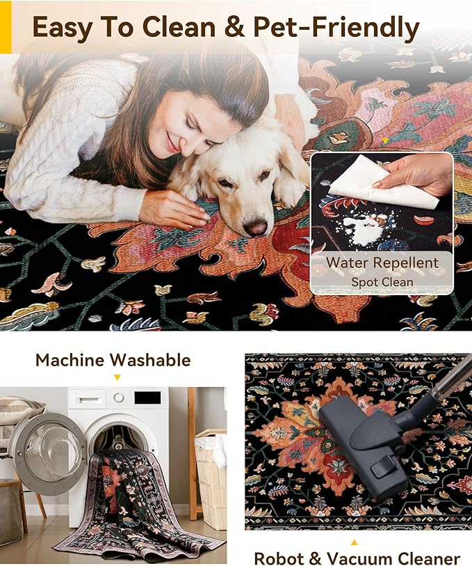 RELEANY Area Rugs Runner 2'x5' Washable Non-Slip, Floral Vintage Distress Medallion Carpet for Kitchen Hallway Bedroom Beside Laundry Room Bathroom, Black Colorful Floral Dark Tan