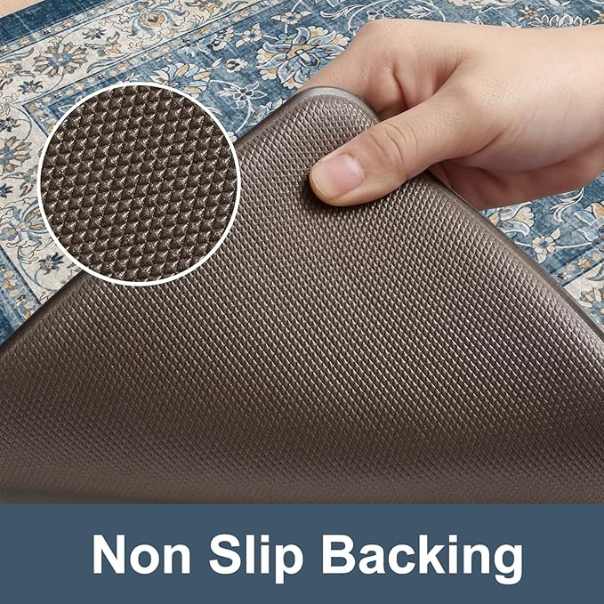 KIMODE Anti Fatigue Kitchen Mats for Floor, Boho Distressed Blue Kitchen Rugs Sets of 2, Padded Kitchen Floor Mats Non Slip, Cushioned Standing Mats for Sink, Laundry, Desk 17"x59"+17"x29"