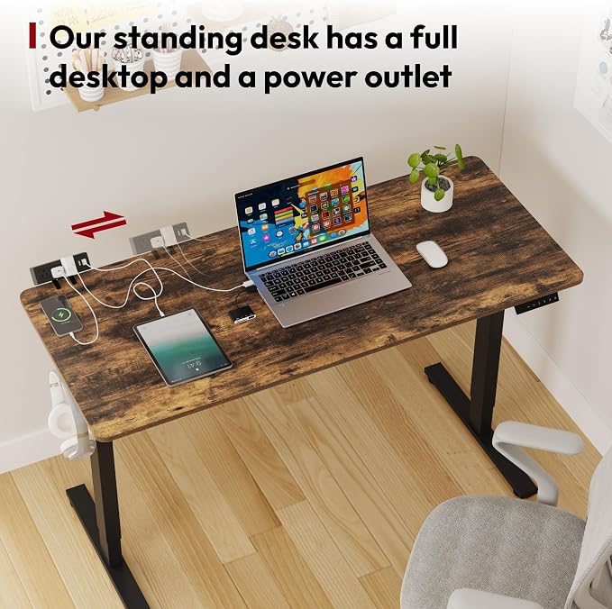 SANODESK Electric Standing Desk with Clamp Power Strip 48"x 30" Whole-Piece Desktop Height Adjustable Stand Up Desk with Cable Management Sit Stand Home Office Black Frame/Rustic Brown Top