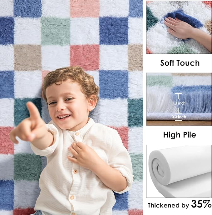 KICMOR 8x10 Area Rugs for Living Room, Large Fluffy Soft Colorful Checkered Shag Shaggy Fuzzy Carpet for Bedroom, Indoor Big Plush Rainbow Rug for Kids Boys Girls Dorm Nursery Home Decor Aesthetic