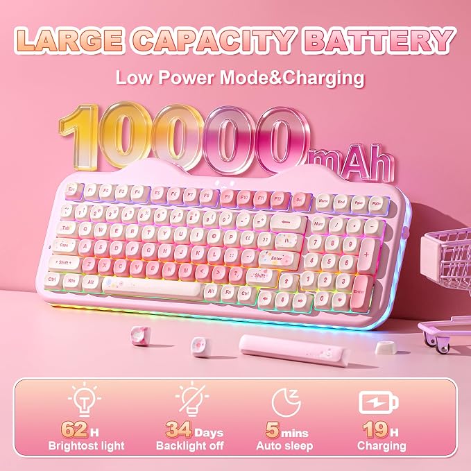 YUNZII C98 Wireless Mechanical Keyboard with Number Pad,99 Key BT5.0/2.4G/USB-C Hot Swap Gasket Mount with PBT MOA Keycaps,Custom RGB,Cute Cake Keyboard for Win/Mac (Pink, Candy Linear Switch)