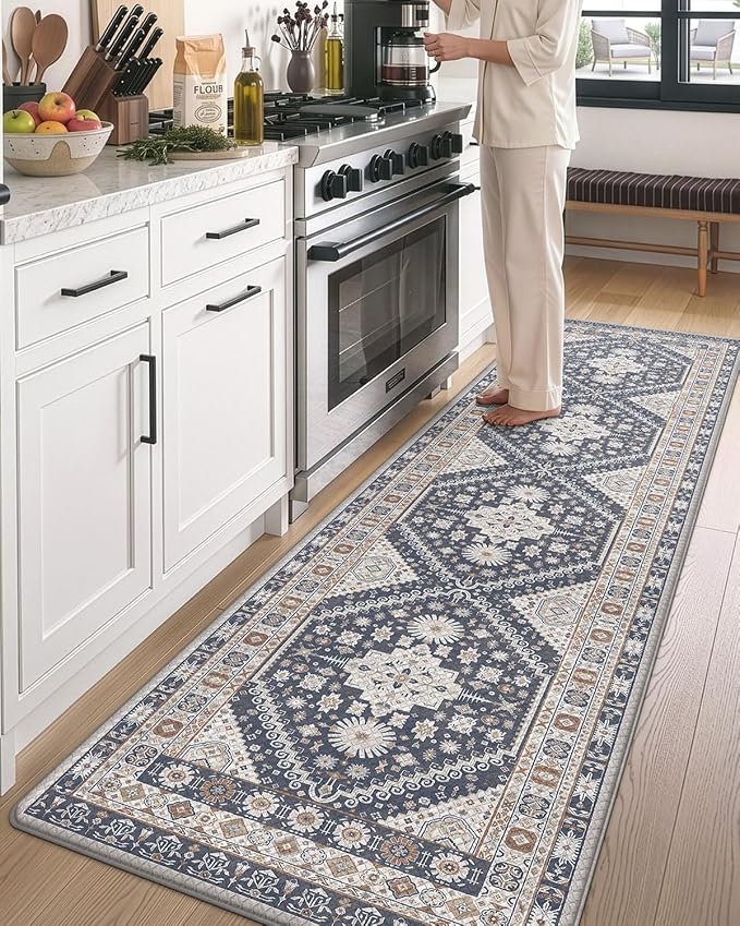 DEXI Kitchen Floor Mats Anti Fatigue, 23x86 Large Cushioned Vintage Runner Rug Waterproof, Standing Comfort Memory Foam Padded for Front Sink Laundry Office, White Grey