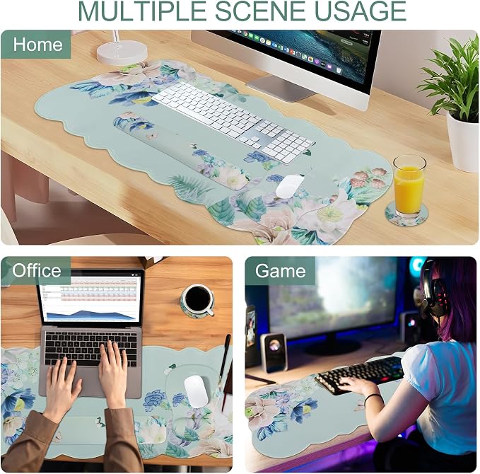 Petmolico Desk Pad Set with Wrist Rest for Keyboard & Mouse, Green Flower | Anti-slip PU base, durable Lycra & memory foam, relieves wrist fatigue, perfect for work, home & daily use