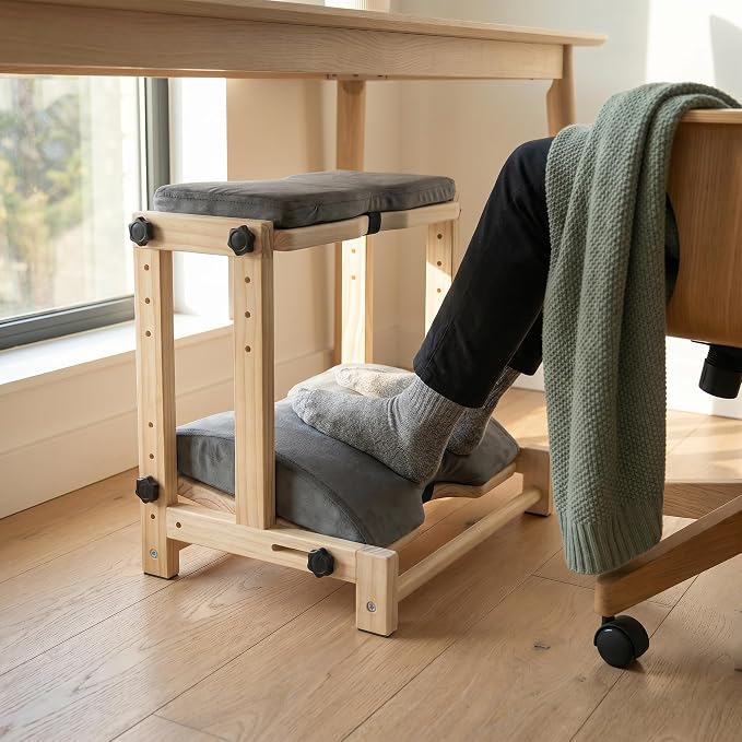 Double Step Foot Rest for Under Desk, Adjustable Wooden Foot Stool with 4 Heights – Ergonomic Desk Foot Rest with Soft Short Flannel Cushion for Office, Home, Gaming & Study – Natural Pine Wood