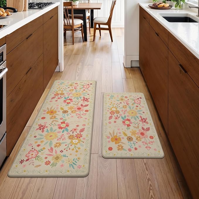 GENIMO Anti Fatigue Kitchen Mats for Floor 2PCS, Cushioned Standing Mats | 17.3"x47"&17.3"x30", Beige vintage floral rug set, waterproof, non slip, easy-clean for farmhouse