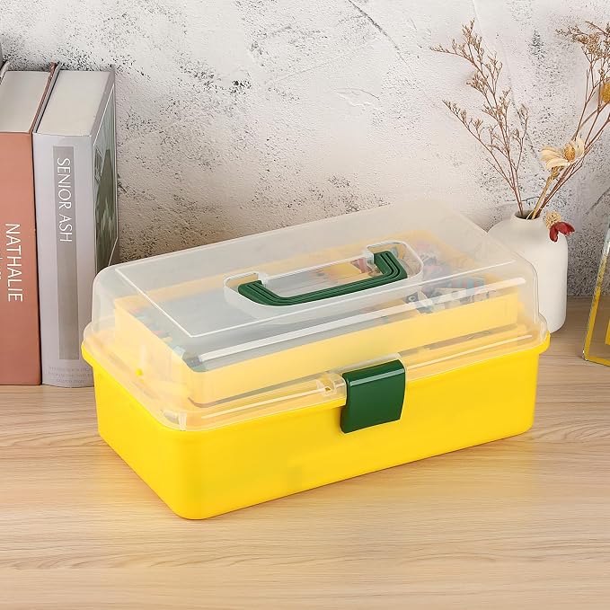 BTSKY 3-Layer Plastic Dividing Storage Box Craft Organizer and Storage | Portable Handled Art Supply Organizer with Adjustable Spacers Multipurpose Home Utility Box for Medicine Sewing(Yellow+Green)