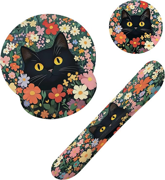 Cute Black Cat Flower Mouse Pad with Wrist Rest Set, 3-in-1 Wrist Support Mousepad Set, Gaming Mat Pad with Anti-Skid Base,Ergonomic Memory Foam Mouse Pad Set for Women, Office, Typing, Gaming