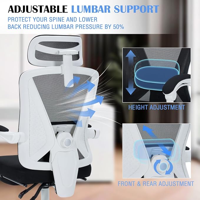 Ergonomic Home Office Chair with Footrest - Adjustable Lumbar Support & 3D Headrest, 90-160° Reclining Mesh High-Back Rolling Work Swivel Computer Chair-400lbs Capacity (White & Black)