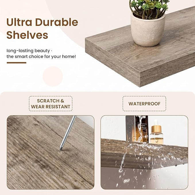 Marsmiles 55in Floating Shelves for Wall, 55" W x 9.25" D x 1.5" H, Long Wall Mounted Engineered Wood Shelves with Invisible Brackets for Living Room, Bedroom, Bathroom, Kitchen, Grey, 2Pcs