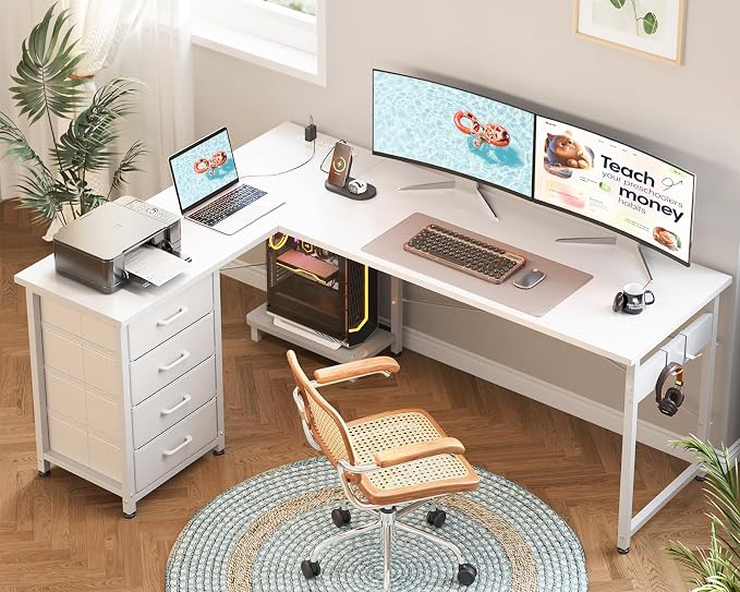 AODK 61" L Shaped Gaming Desk with 4 Drawers and Power Outlets, White | USB Ports, PC Tower Stand, Hooks, Reversible Corner Layout for Gaming Rooms, Bedrooms and Home Office