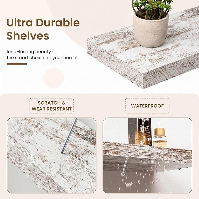 16in Floating Shelves for Wall, 16"W x 9.25"D x 1.25"H, 2 Pack Long Wall Mounted Engineered Wood Shelves with Invisible Brackets for Living Room, Bedroom, Bathroom, Kitchen, Vintage White