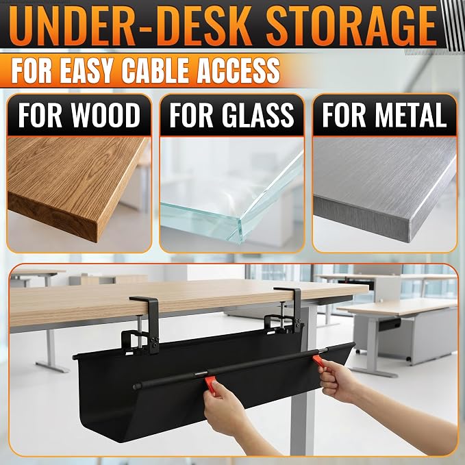 Under Desk Cable Management Tray 28" — No Drill Clamp-On Cord Organizer for Desk with Built-in Ties, Heavy Duty Metal Clamp, Foldable 600D Oxford Fabric for Home Office, WFH & Gaming PC Setup (Black)