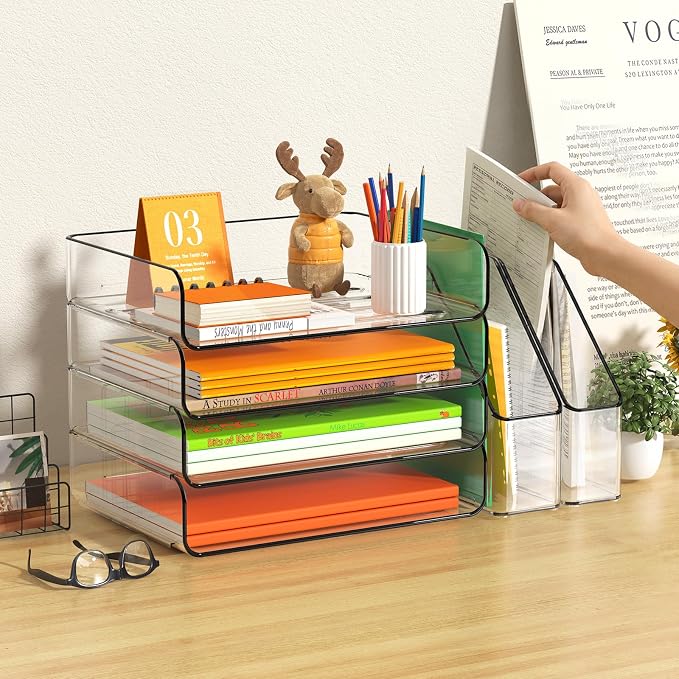 FANXIYQ 4-Tier Acrylic Paper Tray Organizer with Bookends, Paper Organizer | Tool-Free Stackable 1-4 Tier Design with 2 Bookends for Files, Folders and A4 Paper; For School, Home Office and Study Room