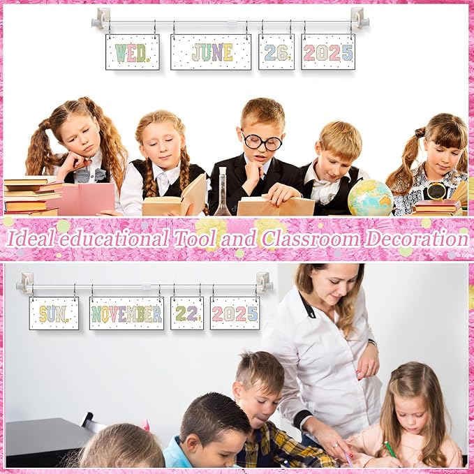 TecUnite Chenille Calendar Bulletin Board Set Classroom Bulletin Board Decor 54 Date Cards Colorful Embroidery Flip Calendar with Adjustable Holder for Back to School Supplies