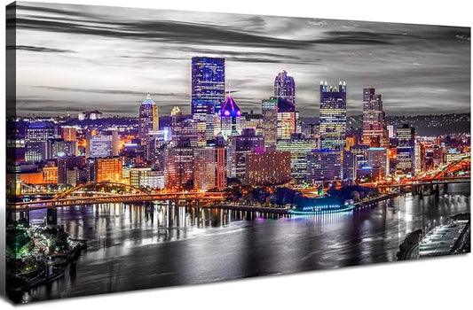 Pittsburgh Wall Art Living Room Decorations Black and White City Skyline Picture Modern Office Wall Decor Pennsylvania Nightscape Panoramic Canvas Prints Cityscape Painting Skyscraper Artwork 20x40"