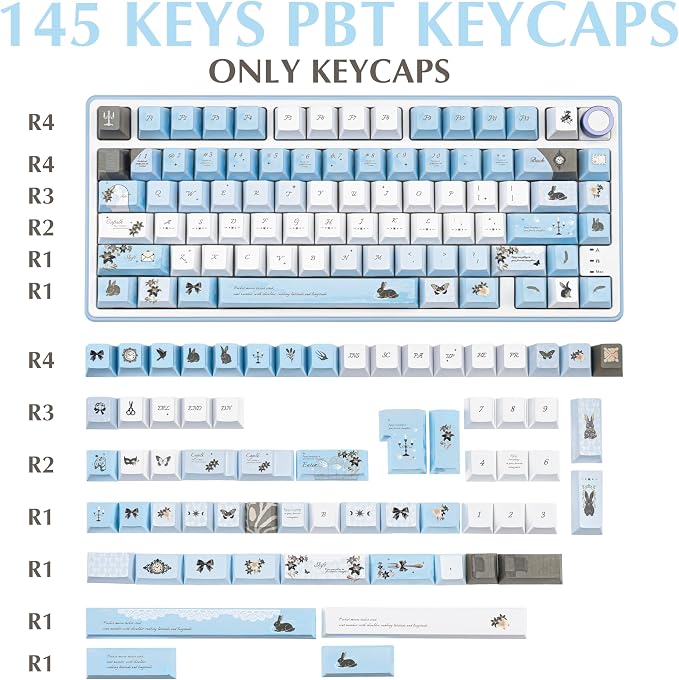 PBT keycap Set 145 Keys Cherry Profile, Blue White Lily Themed Aesthetic Keycaps Custom Dye-Sub Keyboard Keycaps for 60% 65% 70% 75% Cherry Gateron MX Switches Mechanical Keyboards