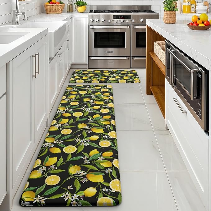 MAYHMYO Lemon Kitchen Decor Mat Set, 2PC Kitchen Mats, Anti Fatigue | Lemon Pattern,Lemon decor,Cushioned comfort,Non-slip backing,Easy to clean,Water-resistant,Kitchen,Laundry