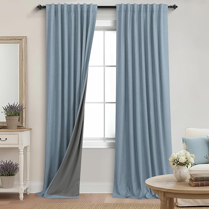 KOUFALL Light Blue Blackout Curtains 96 Inch Long 2 Panel Set,Linen Textured Black Out Room Darkening Back Tab Pleated Dusty Stone Blue Curtain Drapes for Bedroom Living Room