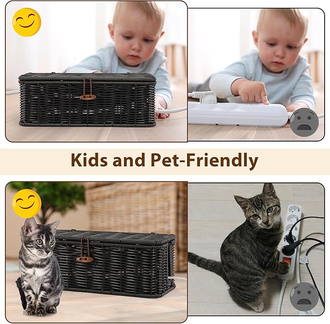 Cable Management Box, Handwoven Faux Rattan Cord Organizer Box with Lid, 2 Open Slots Cable Organizer Box, Decorative Cord Hider Box for Tv Computer USB Hub & Power Strip Holder