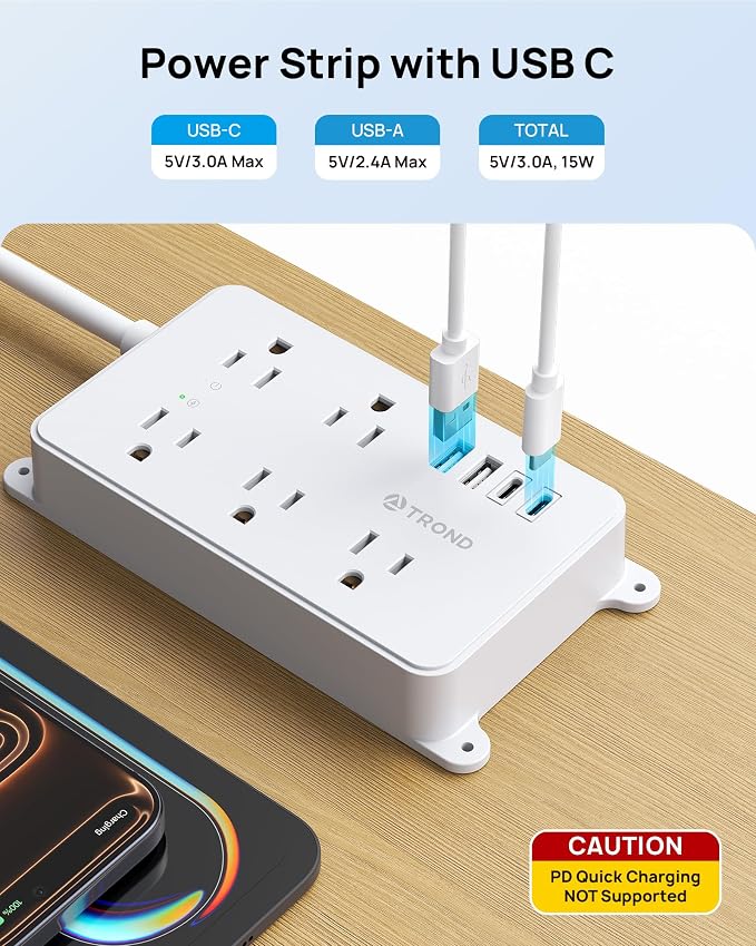TROND 360° Rotating Plug Power Strip, 10ft Extension Cord, ETL Listed, 5 Widely-Spaced Outlets with 4 USB Ports, 1300J Surge Protection, Wall Mountable, Under Desk, for Home Office, White