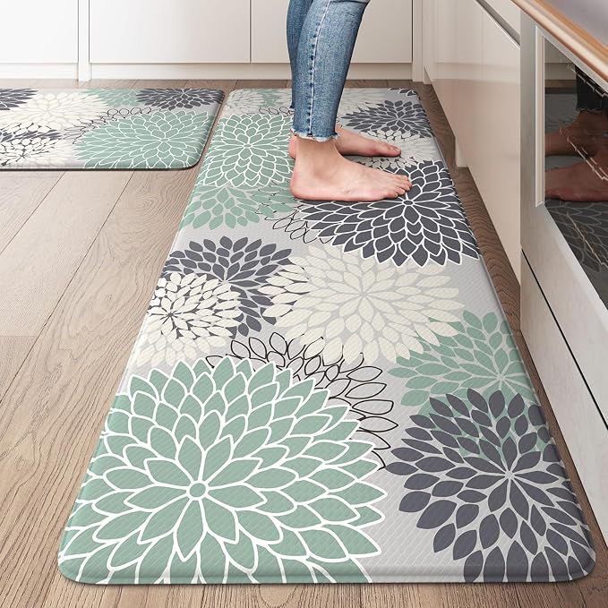 KIMODE Anti Fatigue Mats for Kitchen Floor Comfort Cushioned Rugs Sets of 2 | 20"x32"+20"x47",Teal,Floral Farmhouse, Waterproof,Ergonomic Standing Mat 2PCS,,Non Slip,Kitchen Sink Rug,Laundry Office