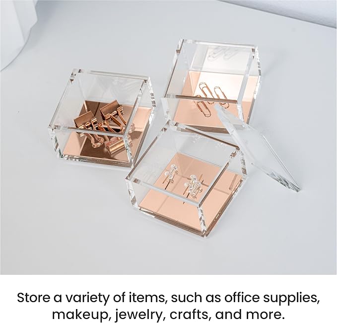 3-Tier Stackable Acrylic Holder, Clear with Rose Gold Base | Stylish desk organizer and storage for office or home, Transparent square design, Functional and elegant desk accessories