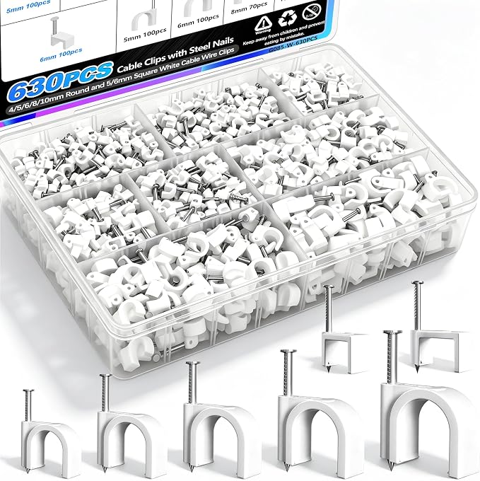 mxuteuk 630PCS Cable Clips with Steel Nails,4/5/6/8/10mm Round and 5/6mm Square White Cable Wire Clips,Wall Clips for Cords,Cable Cord Clips for RG6 RG59 CAT6 RJ45