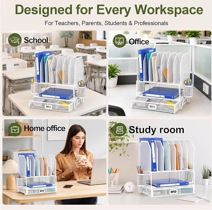 FANXIYQ Metal Desk Organizer with Sliding Drawer, 7-Section File Organizer for Desk, Desktop File Folder & Paper Organizer with 2 Hanging Pen Holders, Office Supplies Organizer, White