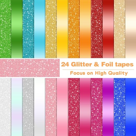 Metallic Glitter Washi Tape - 24 Rolls Thin Colored Masking Tape Set, 6mm/10mm Decorative Tapes for Bullet Journal, Scrapbook, Christmas DIY Crafts, Gift Packaging