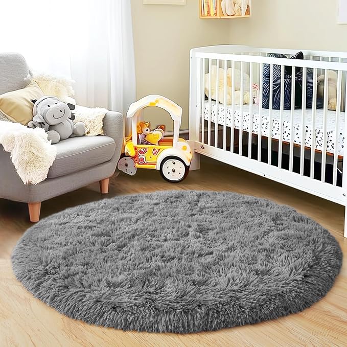 3'x3' Grey Round Rug for Bedroom, Ultra Soft Fluffy Circle Rug for Kids Girls Boys Room, Cute Small Shag Rugs for Living Room Playroom Teen Room Home Decor Rug