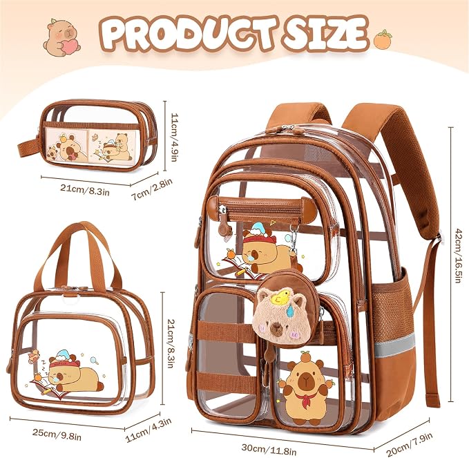 Capybara Theme Clear Backpack,Heavy Duty Transparent Backpack for Girls with Lunch Box Pencil Case,See Through Bookbag for Kids Teens Elementary Middle High School Stadium Approved