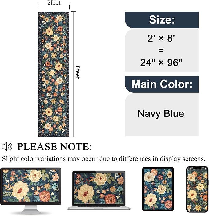 DUKINO 2x8 Runner Rug for Hallway, Washable Kitchen Runner Rug with Rubber Backing Non Slip, Low Pile Soft Boho Floral Thin Carpet for Entryway, Hallway, Bathroom, Laundry Room, Navy Blue