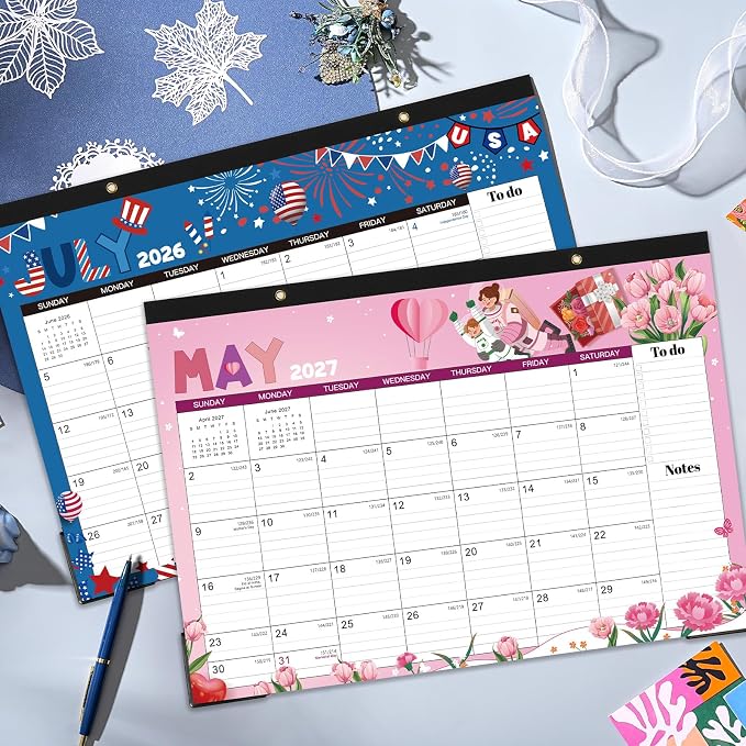 Desk Calendar 2026-2027 - Desk/Wall Calendar 2026-2027, 17"×12", Jul.2026 - Dec.2027, 18 Monthly Calendar 26-27 with Corner Protectors - 12 Different Themes