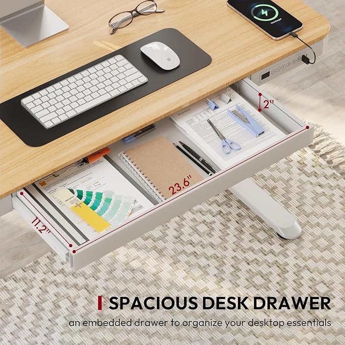 SANODESK Electric Height Adjustable One-Piece Standing Desk with Drawer | Stand Up Home Office Desk with Storage & USB Ports, 55 inch Maple Wood Tabletop/White Frame