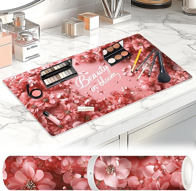 Dual-Sided Synthetic Leather Decorative Makeup Mat for Crafting, Furniture Protection, Scratch & Stain Resistant Surface Desk Pad, Waterproof Easy to Clean Vanity Protector (Floral White)