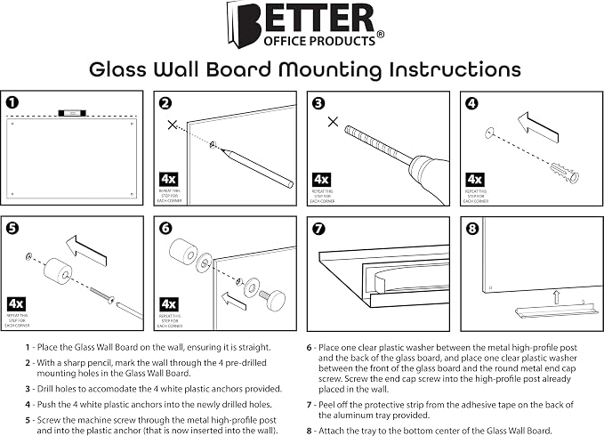 Real Glass Dry Erase Board, 18" x 24", Tempered Glass Surface, Frameless Wall Mount, with 4 Assorted Color Markers and Eraser, by Better Office Products (Bright White)