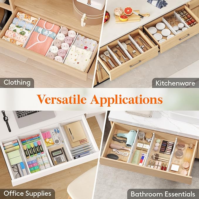 Lifewit 14 Pack Drawer Dividers for Clothes, 4" High 10.5"-16.5" Expandable Dresser Drawer Organizers, Adjustable White Plastic Separators for Kitchen, Cabinet, Nursery, Socks & Underwear Storage