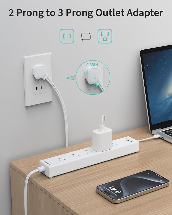 HOPOW 2 Prong Power Strip, 2 to 3 Prong Outlet Adapter with 1700J Surge Protection, 10FT Two Prong Extension Cord, 5 AC Outlets & 3 USB(5V 3.4A Max), Wall Mount for Non-Grounded Outlet, White