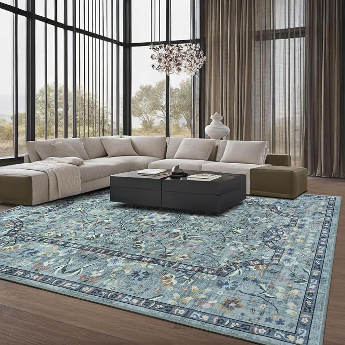 Vasofe 6x9 Area Rug for Living Room, Washable Rugs for Bedroom Room, Dining Room, Vintage Floral Indoor Non Slip Carpet Farmhouse Blue Throw Carpets Soft Low Pile Mat for Classroom Playroom