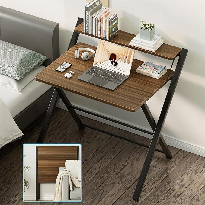 Simple Deluxe No Assembly Folding Desk with Shelf, 2-Tier Compact Computer Table, Space Saving Foldable Table for Home Office, Dorm or Apartment, Portable Collapsible Sturdy Laptop Desk, Brown