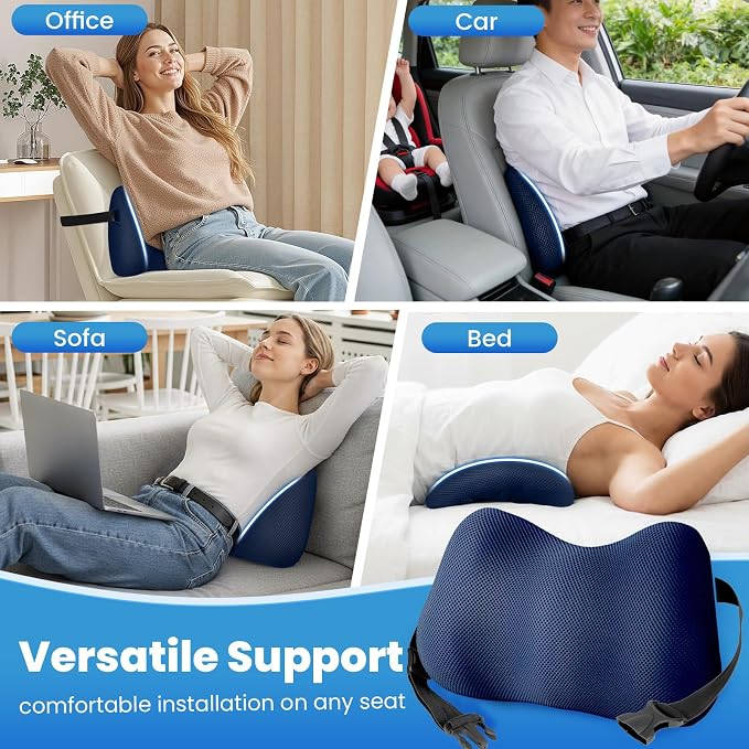 Lumbar Support Pillow for Office Chair, Memory Foam Lower Back Support, Ergonomic Lumbar Pillow with Adjustable Strap, Breathable Cover (Blue)