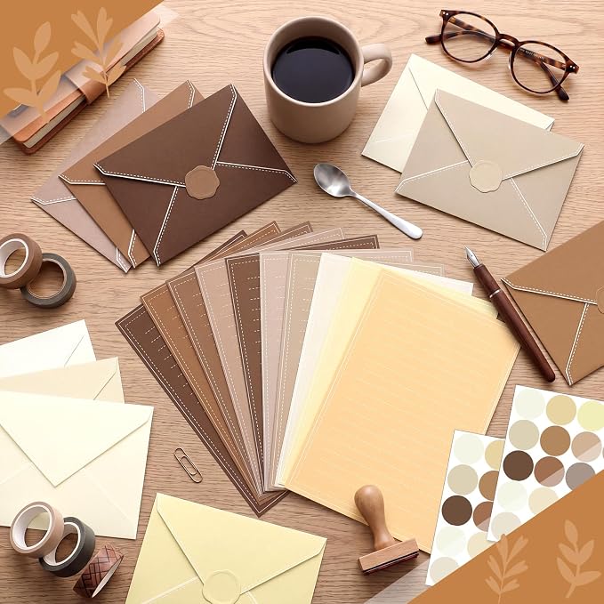TaoBary 160 Packs Stationery Paper Set (50 Double Sided Stationery Writing Papers 50 Matching Envelopes) 60 Round Dot Sticker, 10 Design (5.5 x 8.25 Inch,Brown Color)