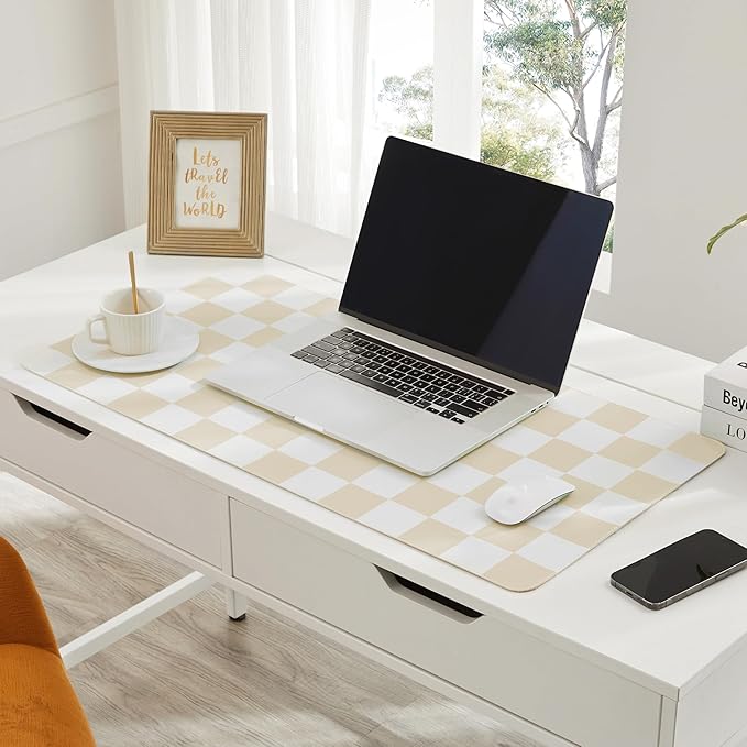 Checkered Desk Mat, Large Cute Aesthetic Retro PU Leather Computer Laptop Desk Mat, Non-Slip Waterproof Mouse Keyboard Pad, Desk Writing Mat for Work/Home (Beige, 23.6" x 13.7")
