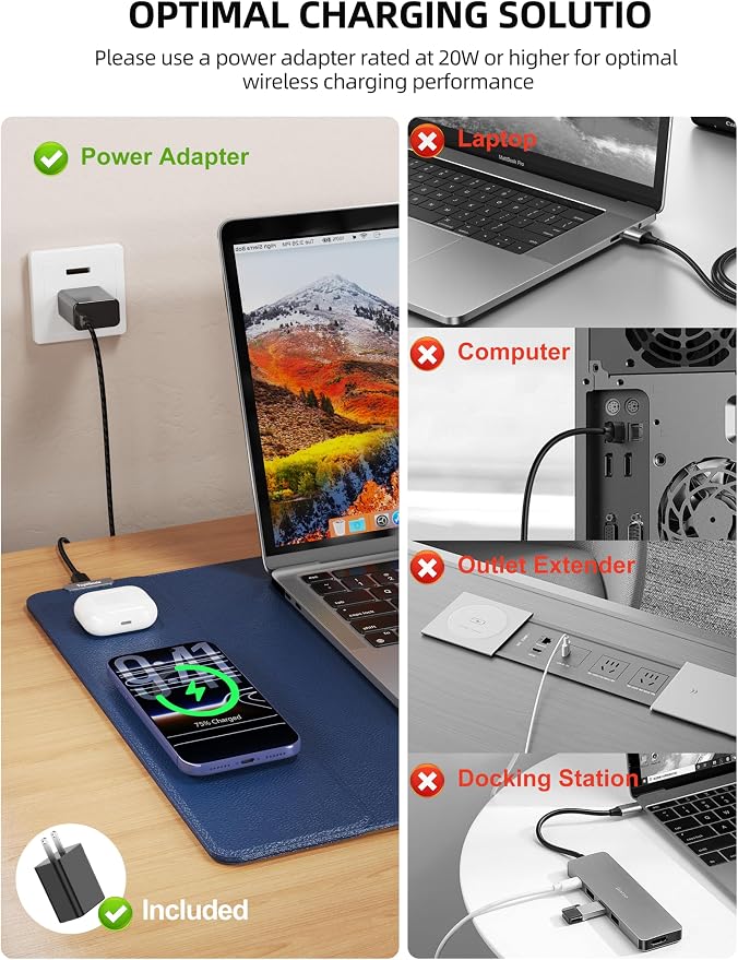 TopMade Mouse Pad with 15W Wireless Charging, XXL Large Leather Desk Mat, Waterproof Gaming Mousepad Home Office Desk Pad Protector, Blue (Includes 20W PD Power Adapter & 6.56ft Woven Cable)