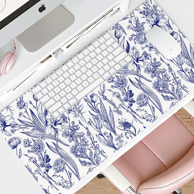 Mouse Pad Leather Desk Mat Large Keyboard Cute Office Desktop Computer Laptop XXL Long Big Aesthetic Modern Design Women Girls Gaming Gamer Oversized Wide Mousepad 31.5"x15.7", Blue Flower