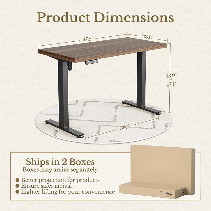 ErGear Electric Standing Desk, 48 Inch Adjustable Height Sit Stand Up Desk with 1.18" Thickness Whole-Piece Desktop, Computer Office Desk for Home Office, Black Walnut