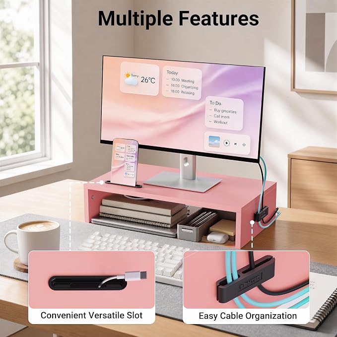 BONTEC Monitor Stand Riser with Cellphone Holder & Cable Management | 16.7 Inch Wood Monitor Riser Stand, Desktop Stand for PC/TV/Laptop/Printer, Pink