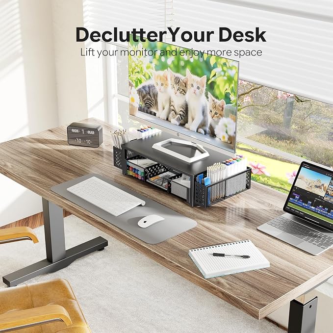 Simple Trending 2-Tier Desk Organizer, Computer Monitor Stand Riser, Black | Metal Laptop & Printer Stand, Desktop Organizer with Drawer & 2 Pen Holders, Anti Slip Pads, 18.5"W x 9.5"D x 4.75"H